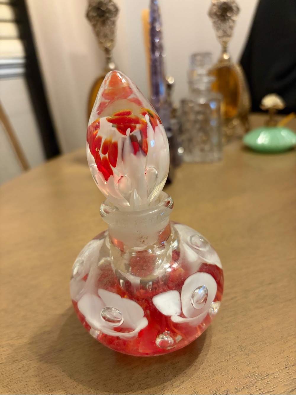 Handmade Red & White Glass Perfume Bottle - Home Art Accent